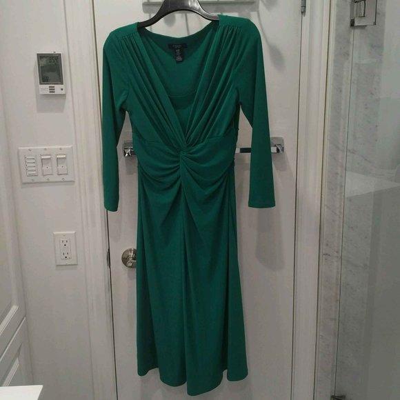 SALE! CHAPS Ralph Lauren Midi Dress, Emerald Green, 3/4 sleeves, M - Picture 2 of 7